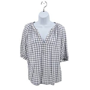 Treasure & Bond Blue/White Check Blouse WMNS S V-Neck Summer Top Short Sleeve